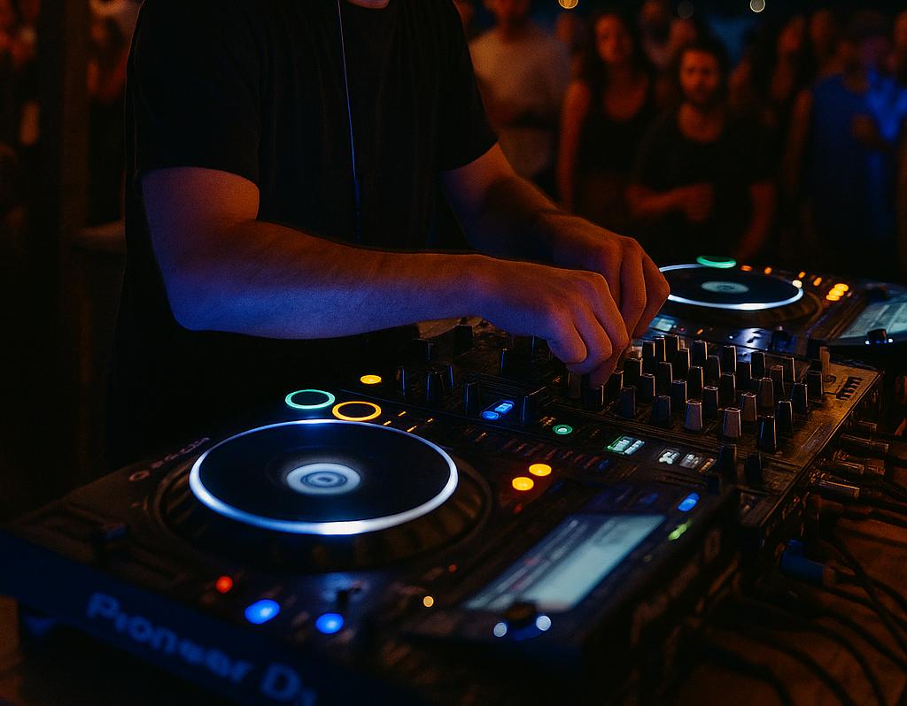 DJ Under the Twilight Lights L'image montre un DJ en train de mixer Ô bord de l'Ô à Draveil